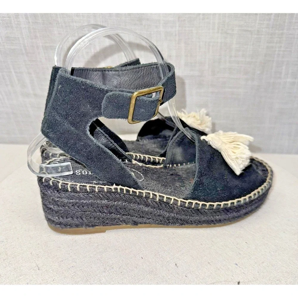 Soludos Tassel Espadrille Sandals Wmns 7 Black Suede Wedge Platform Boho Coastal